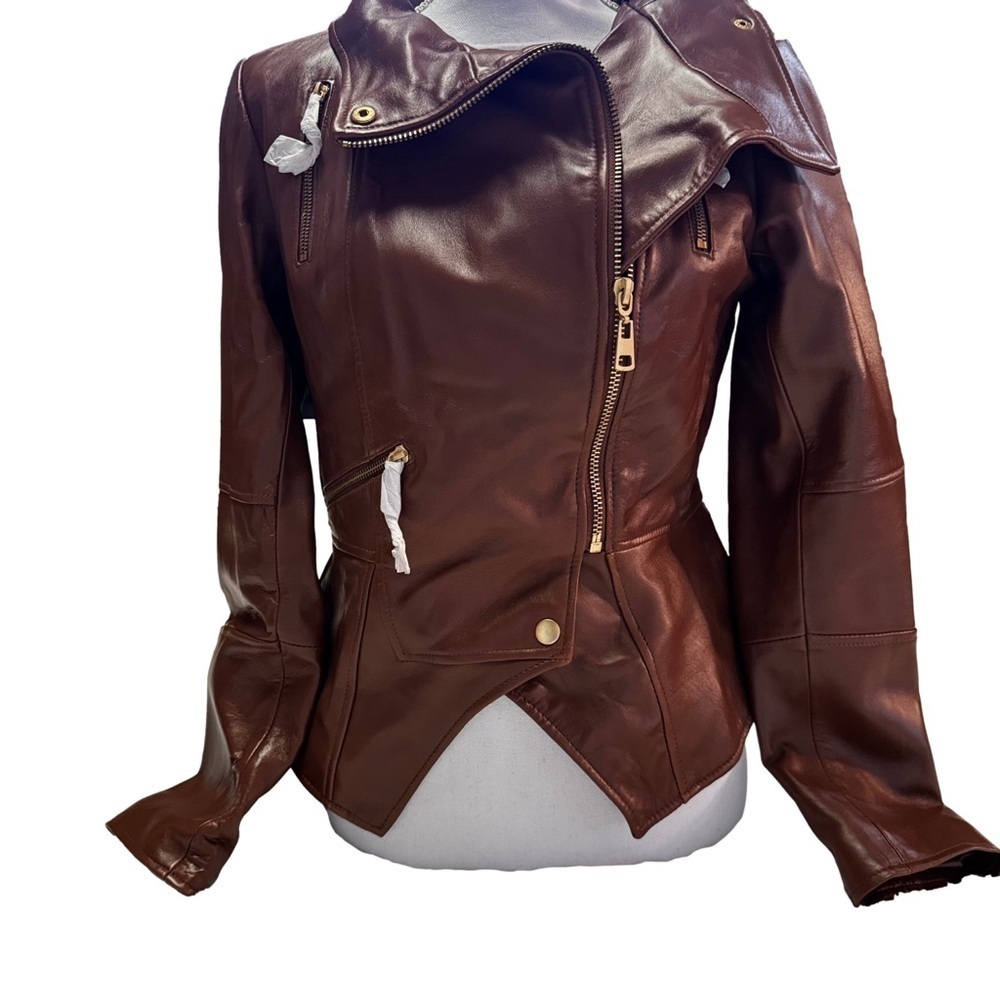 G.I.L.I. Leather Jacket with Zipper Details Size 4 British Tan NWT - Picture 7 of 16